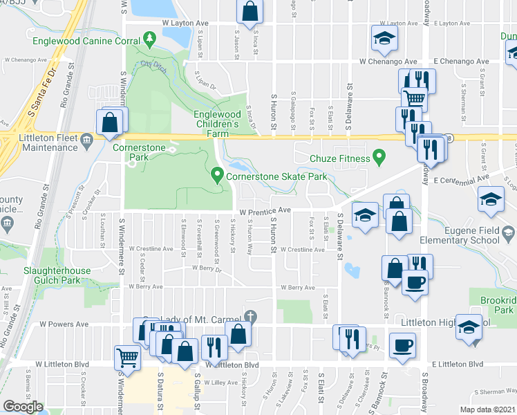 map of restaurants, bars, coffee shops, grocery stores, and more near 5250 South Huron Way in Littleton