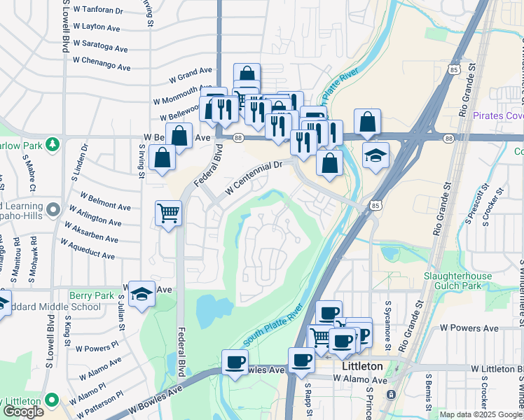 map of restaurants, bars, coffee shops, grocery stores, and more near 2896 West Riverwalk Circle in Littleton