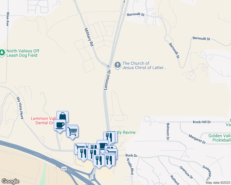 map of restaurants, bars, coffee shops, grocery stores, and more near Lemmon Drive Frontage Road in Reno