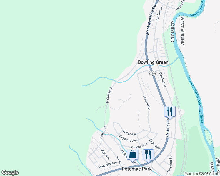 map of restaurants, bars, coffee shops, grocery stores, and more near 12923 North Cresap Street in Cumberland