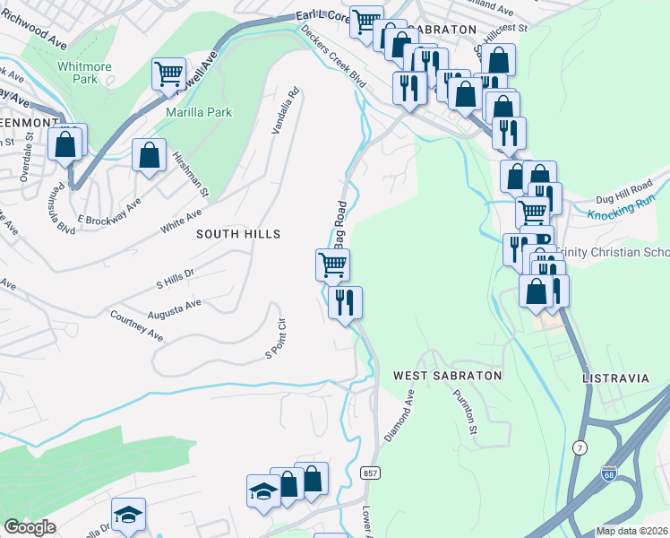 map of restaurants, bars, coffee shops, grocery stores, and more near 1200 Green Bag Road in Morgantown