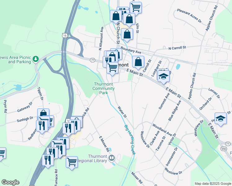map of restaurants, bars, coffee shops, grocery stores, and more near 114 Water Street in Thurmont