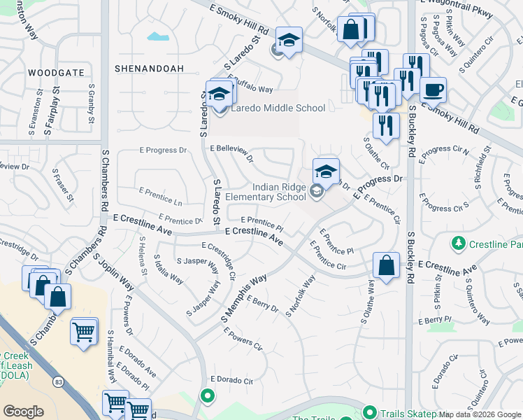map of restaurants, bars, coffee shops, grocery stores, and more near 16211 East Prentice Lane in Centennial