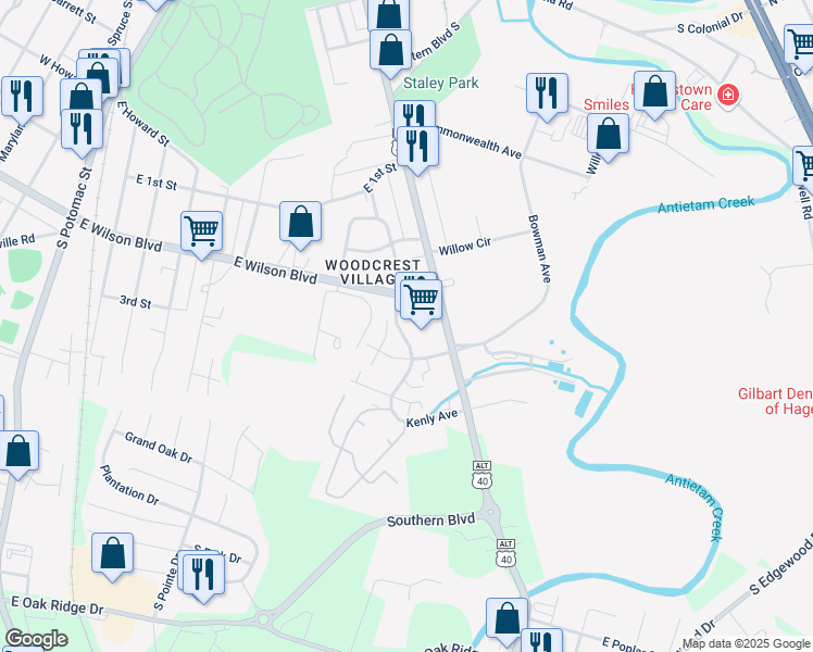 map of restaurants, bars, coffee shops, grocery stores, and more near 761 East Wilson Boulevard in Hagerstown