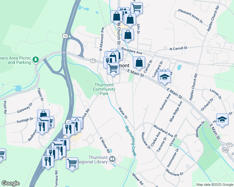 map of restaurants, bars, coffee shops, grocery stores, and more near 114 Water Street in Thurmont