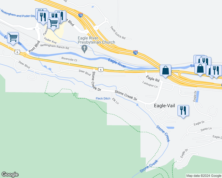 map of restaurants, bars, coffee shops, grocery stores, and more near 535 Stone Creek Drive in Avon