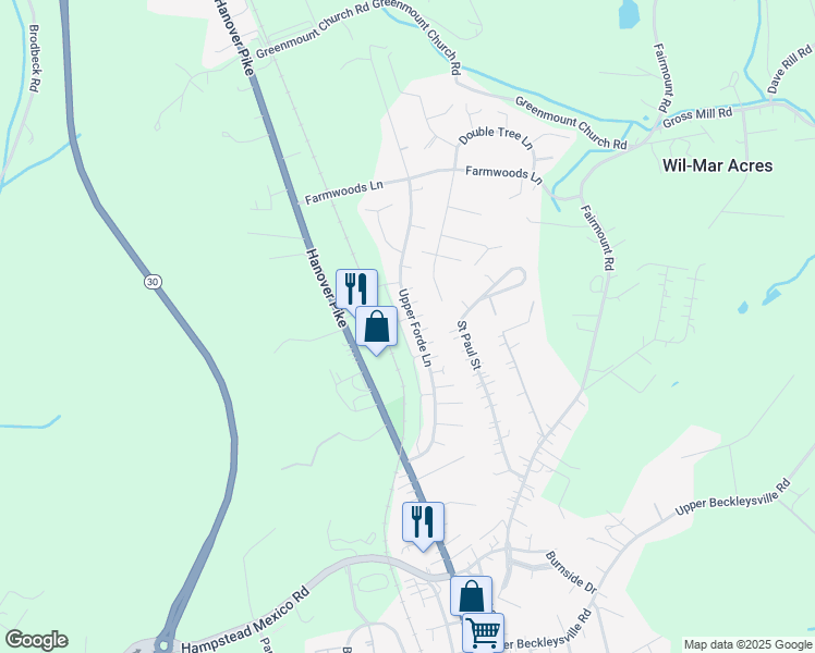 map of restaurants, bars, coffee shops, grocery stores, and more near 1824 Upper Forde Lane in Hampstead