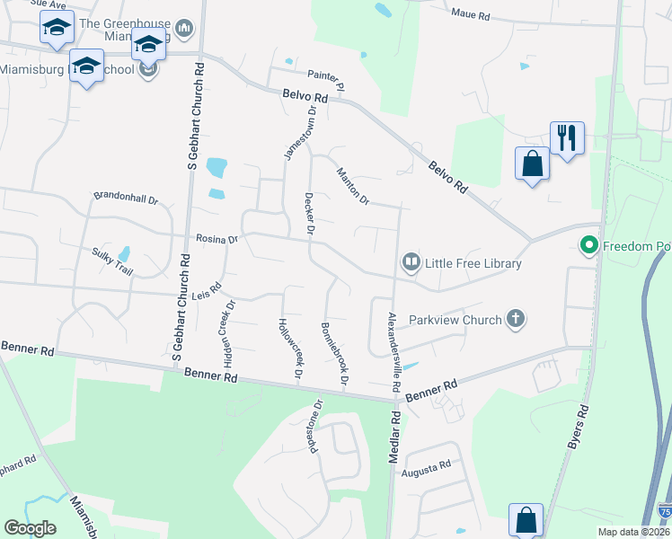 map of restaurants, bars, coffee shops, grocery stores, and more near 1048 Decker Drive in Miamisburg