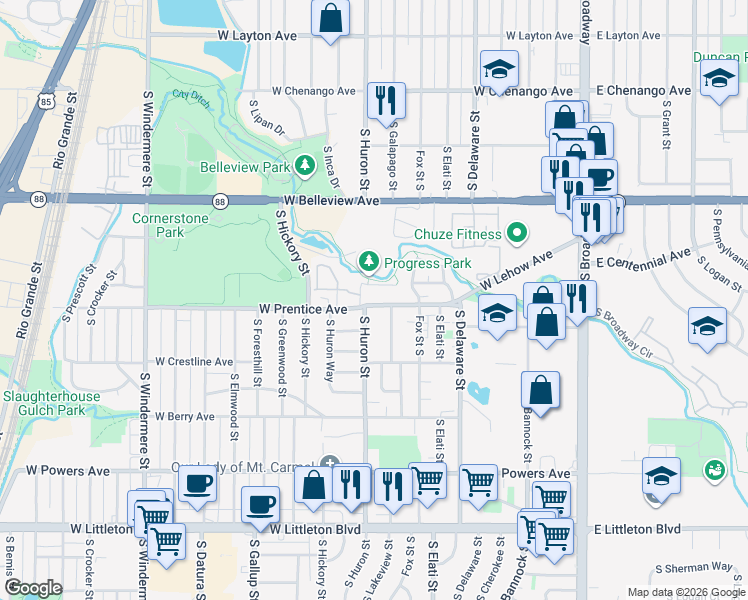 map of restaurants, bars, coffee shops, grocery stores, and more near 751 West Prentice Avenue in Littleton