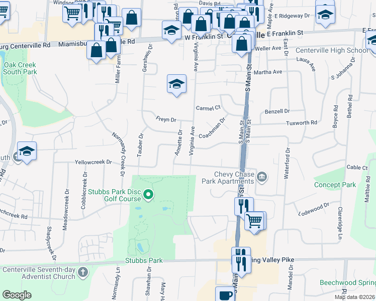 map of restaurants, bars, coffee shops, grocery stores, and more near 270 Annette Drive in Dayton