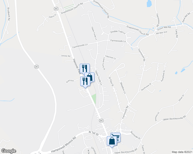 map of restaurants, bars, coffee shops, grocery stores, and more near 1824 Upper Forde Lane in Hampstead