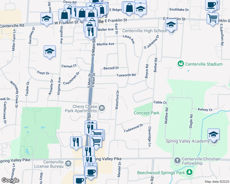 map of restaurants, bars, coffee shops, grocery stores, and more near 154 Waterford Drive in Dayton