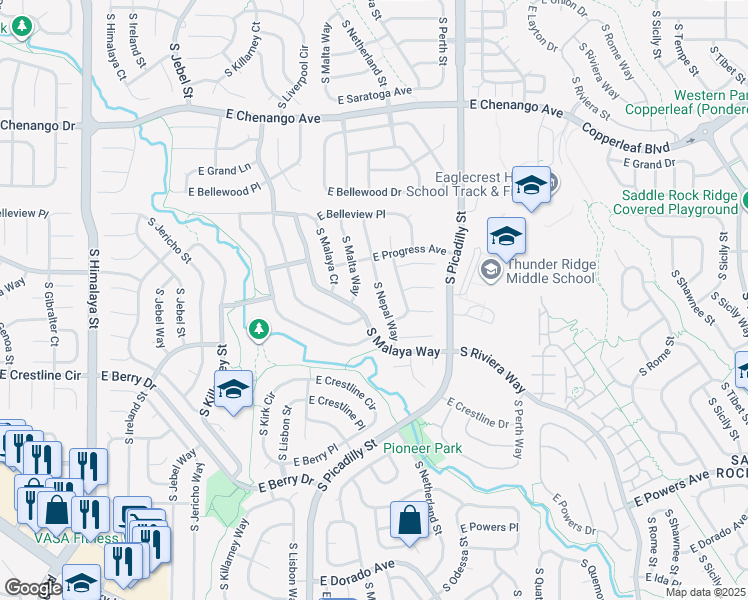 map of restaurants, bars, coffee shops, grocery stores, and more near 5263 South Nepal Way in Centennial