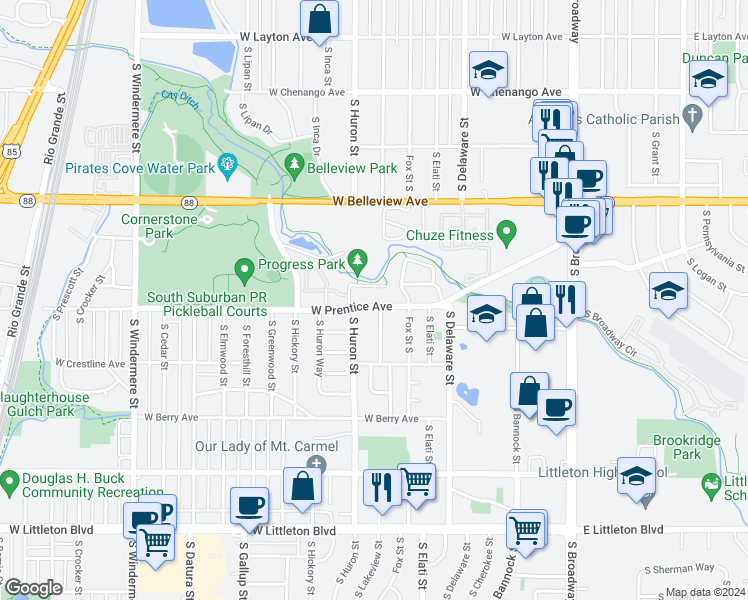 map of restaurants, bars, coffee shops, grocery stores, and more near 751 West Prentice Avenue in Littleton