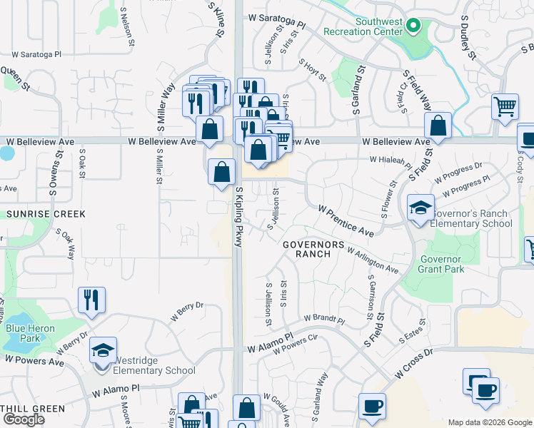 map of restaurants, bars, coffee shops, grocery stores, and more near 5249 South Jellison Street in Littleton