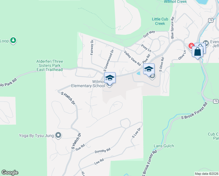 map of restaurants, bars, coffee shops, grocery stores, and more near 5124 South Hatch Drive in Evergreen