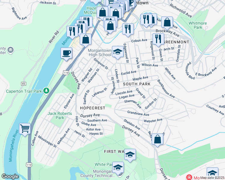 map of restaurants, bars, coffee shops, grocery stores, and more near 512B Jefferson Street in Morgantown