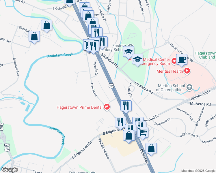 map of restaurants, bars, coffee shops, grocery stores, and more near 1535 Dual Highway in Hagerstown