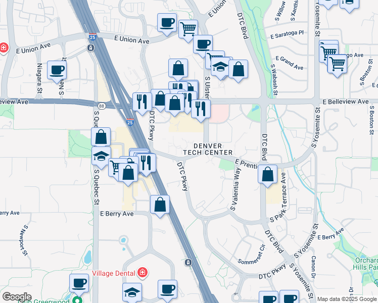 map of restaurants, bars, coffee shops, grocery stores, and more near 7935-7995 East Prentice Avenue in Greenwood Village