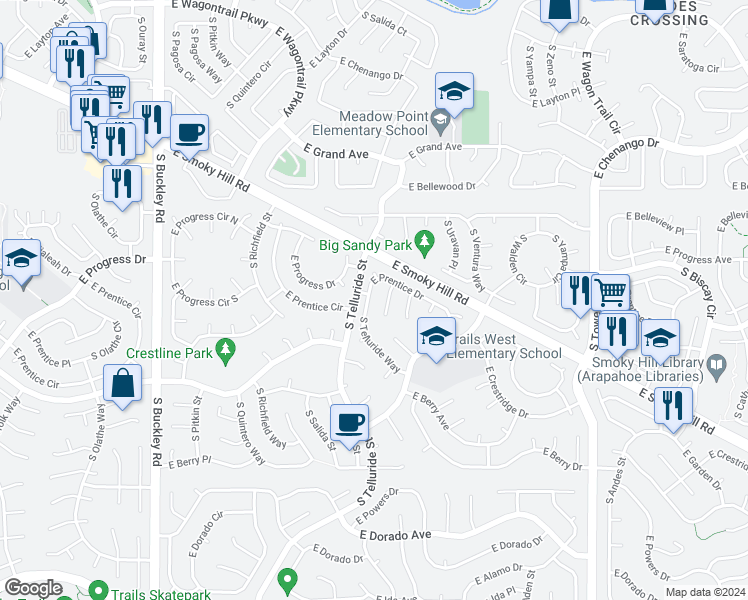 map of restaurants, bars, coffee shops, grocery stores, and more near 5304 South Telluride Way in Centennial