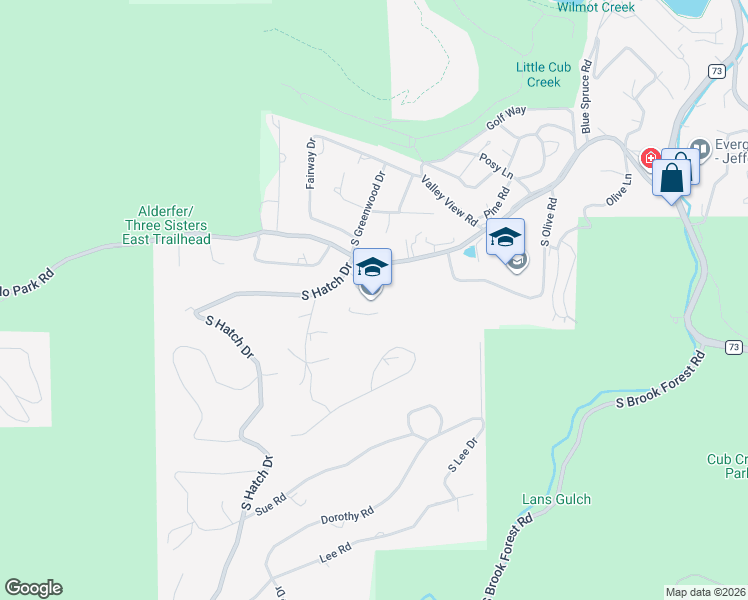 map of restaurants, bars, coffee shops, grocery stores, and more near 5124 South Hatch Drive in Evergreen