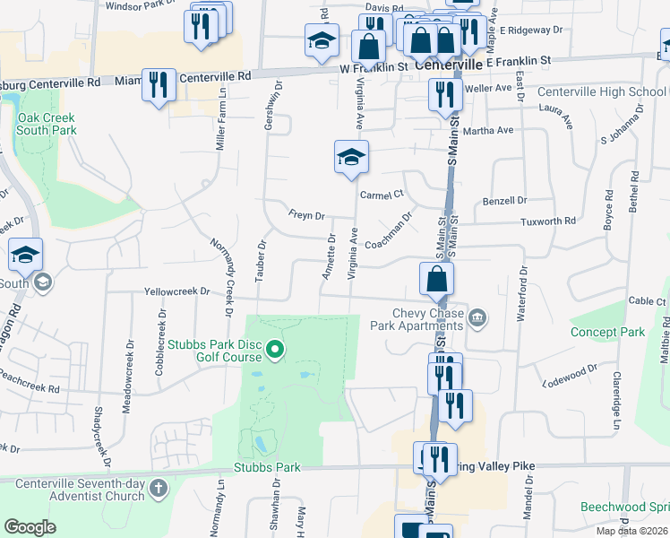map of restaurants, bars, coffee shops, grocery stores, and more near 270 Annette Drive in Dayton