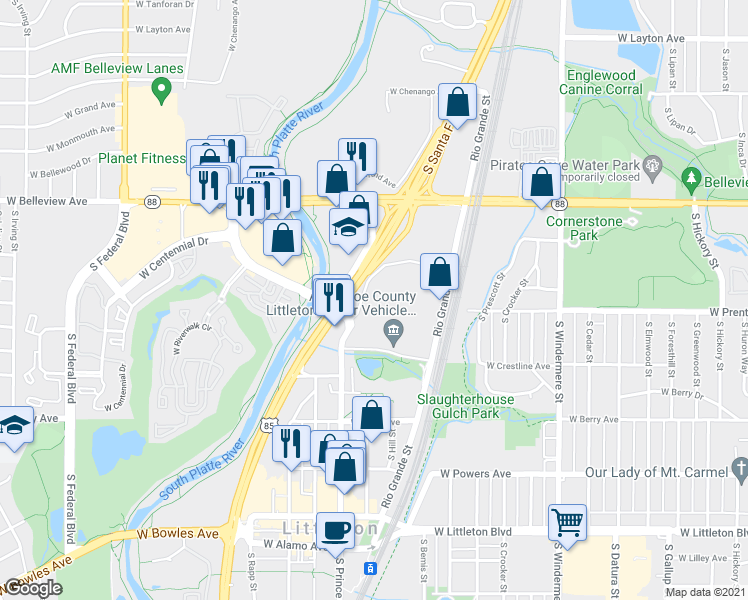 map of restaurants, bars, coffee shops, grocery stores, and more near 5280 South Santa Fe Drive in Littleton