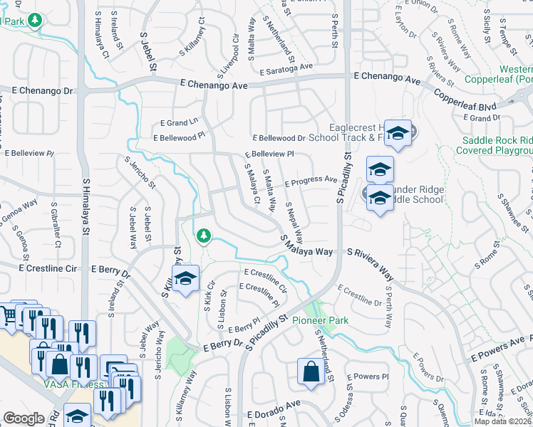 map of restaurants, bars, coffee shops, grocery stores, and more near 5314 South Malaya Way in Centennial