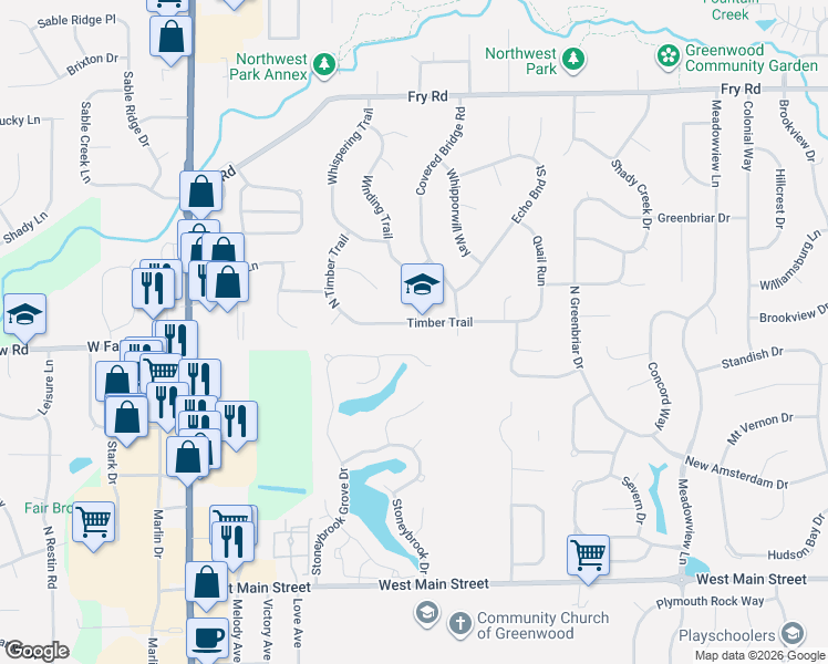 map of restaurants, bars, coffee shops, grocery stores, and more near 1423 Timber Trail in Greenwood
