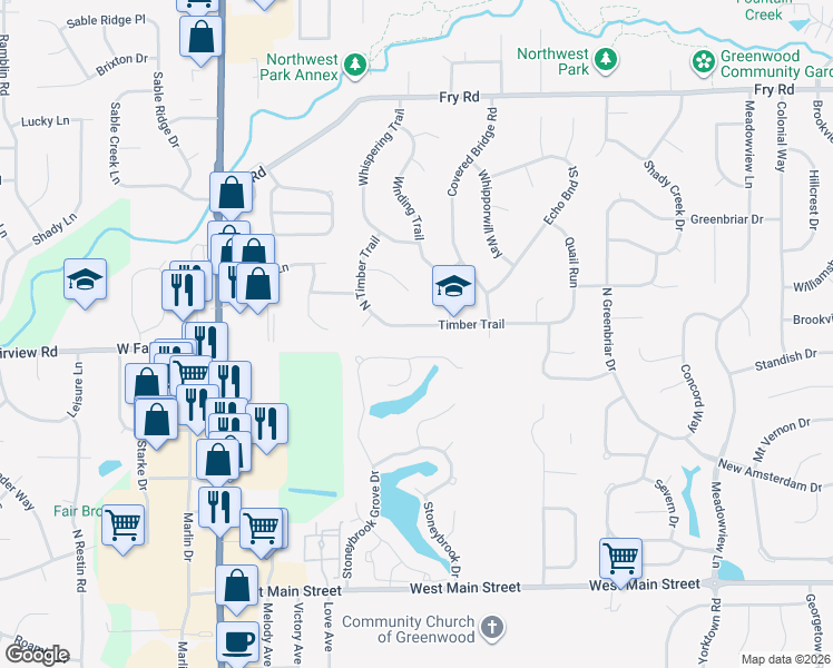map of restaurants, bars, coffee shops, grocery stores, and more near 1487 Timber Trail in Greenwood