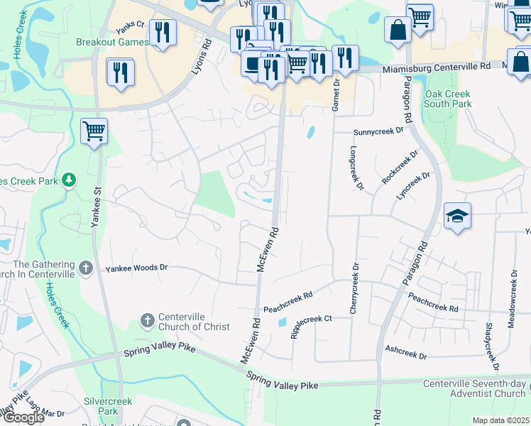 map of restaurants, bars, coffee shops, grocery stores, and more near 8456 Mc Ewen Road in Dayton