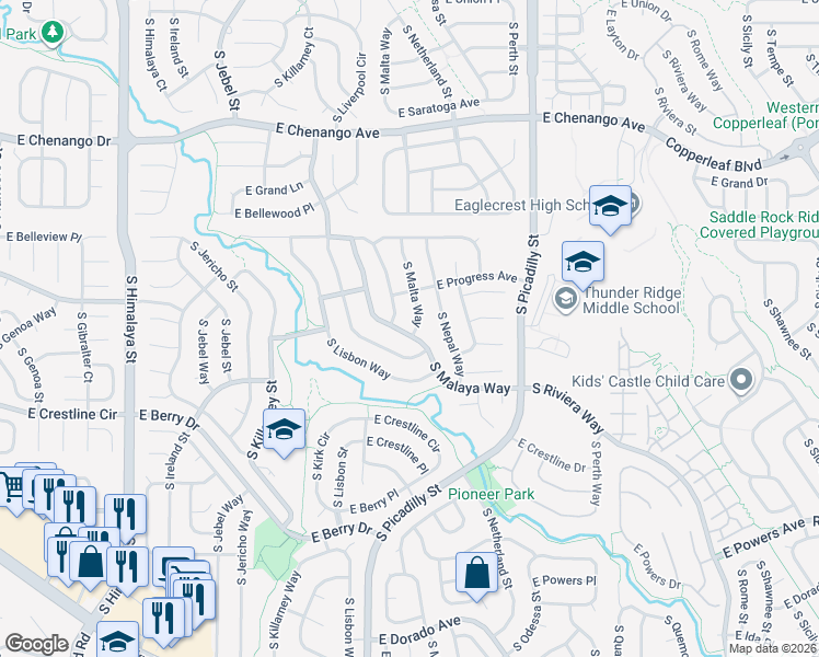 map of restaurants, bars, coffee shops, grocery stores, and more near 5314 South Malaya Way in Centennial