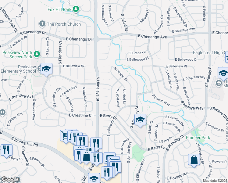 map of restaurants, bars, coffee shops, grocery stores, and more near 5246 South Jebel Way in Centennial