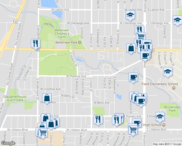 map of restaurants, bars, coffee shops, grocery stores, and more near 751 West Prentice Avenue in Littleton