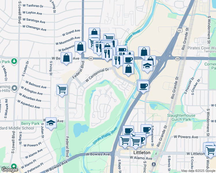map of restaurants, bars, coffee shops, grocery stores, and more near 2798 Riverwalk Circle in Littleton