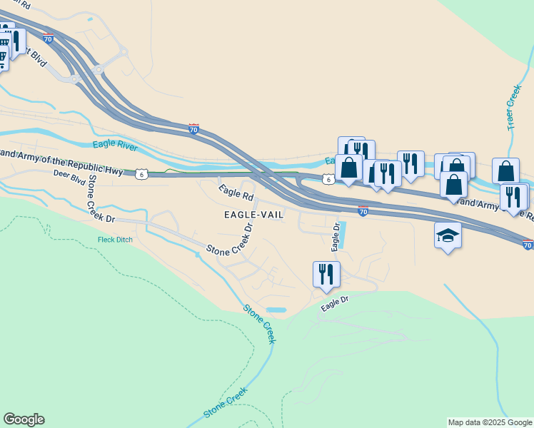 map of restaurants, bars, coffee shops, grocery stores, and more near 34 Stone Creek Drive in Vail