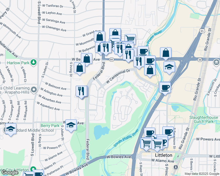 map of restaurants, bars, coffee shops, grocery stores, and more near 2848 West Centennial Drive in Littleton