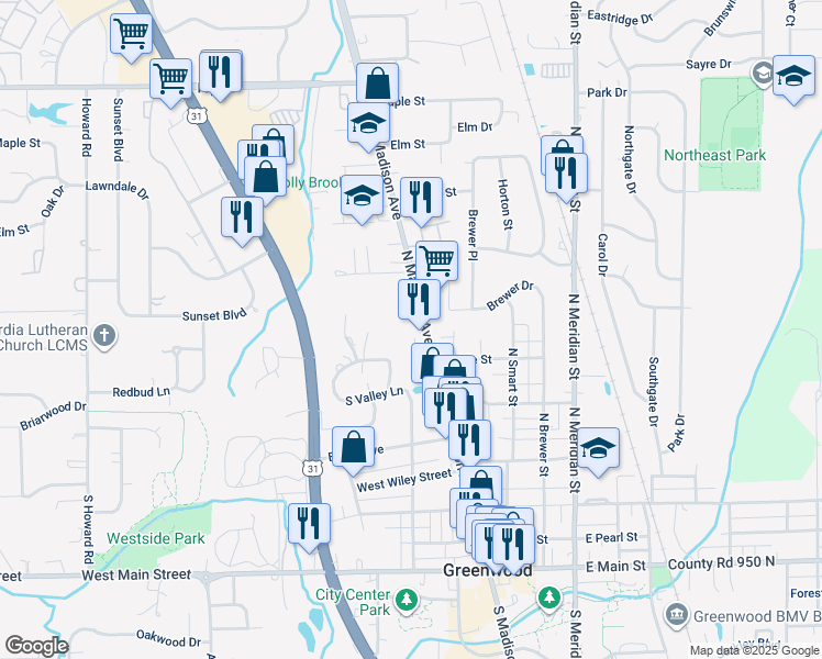 map of restaurants, bars, coffee shops, grocery stores, and more near 500 North Madison Avenue in Greenwood