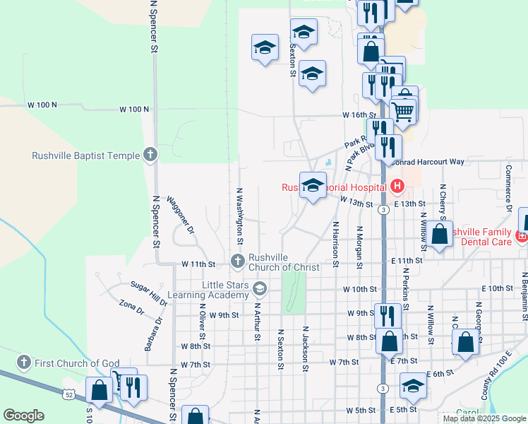 map of restaurants, bars, coffee shops, grocery stores, and more near 1206 North Arthur Street in Rushville