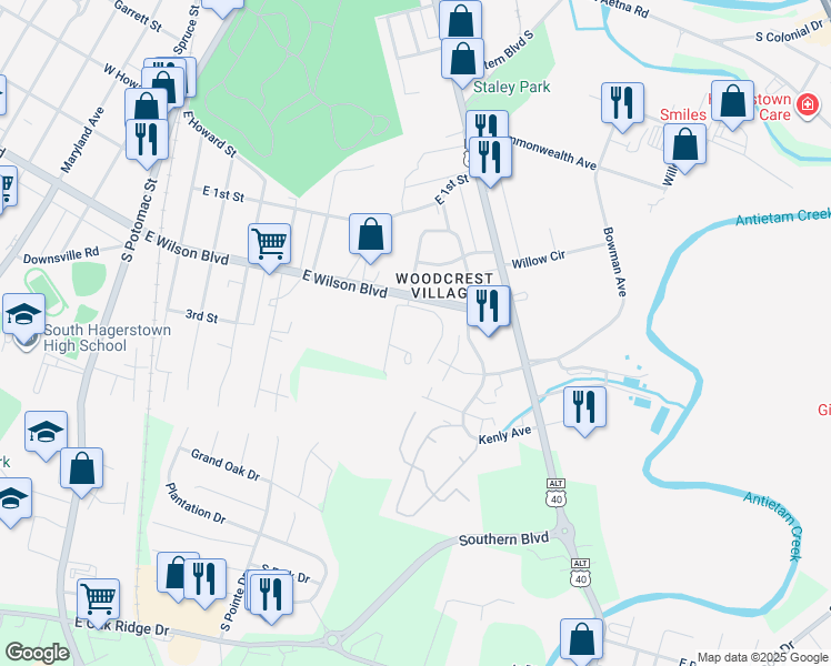 map of restaurants, bars, coffee shops, grocery stores, and more near 1012 Brinker Drive in Hagerstown