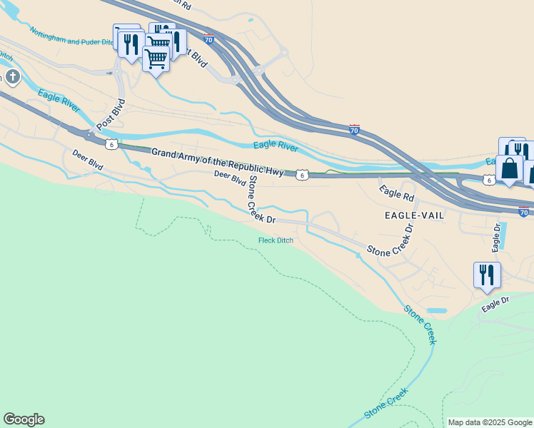 map of restaurants, bars, coffee shops, grocery stores, and more near 611 Stone Creek Drive in Beaver Creek