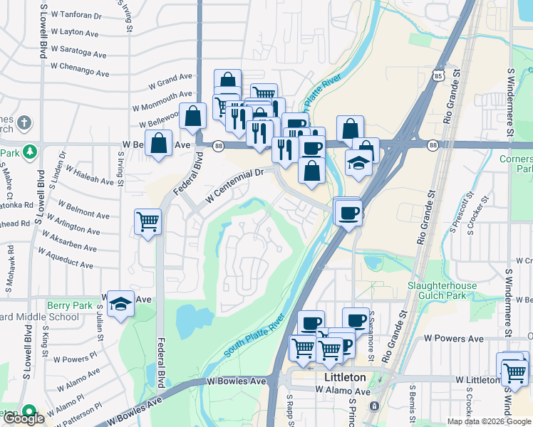 map of restaurants, bars, coffee shops, grocery stores, and more near 2897 West Riverwalk Circle in Littleton