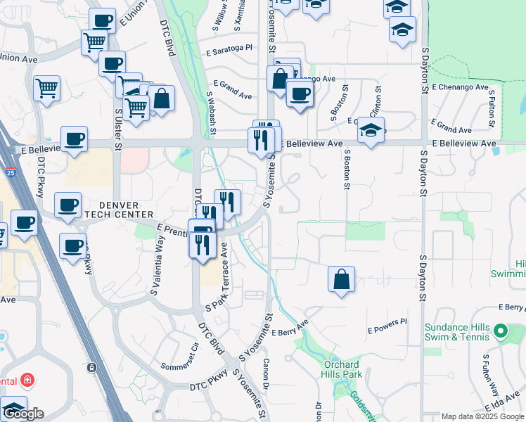 map of restaurants, bars, coffee shops, grocery stores, and more near S Yosemite St & E Prentice Ave in Greenwood Village