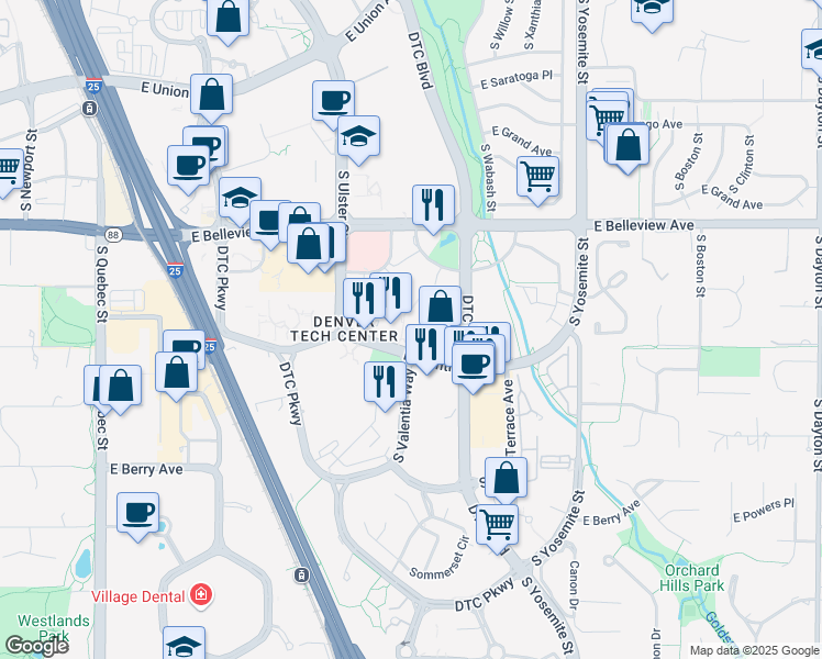 map of restaurants, bars, coffee shops, grocery stores, and more near 8301 East Prentice Avenue in Greenwood Village