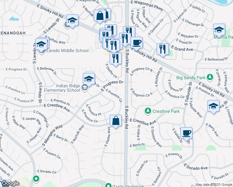 map of restaurants, bars, coffee shops, grocery stores, and more near 16776 East Hialeah Avenue in Centennial