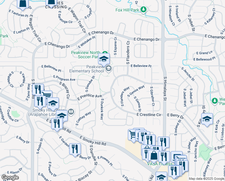 map of restaurants, bars, coffee shops, grocery stores, and more near 5227 South Espana Circle in Centennial