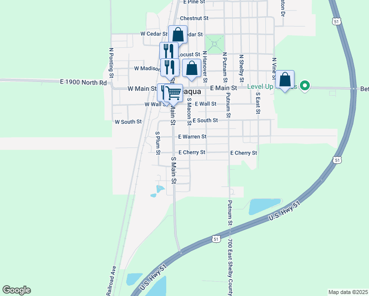 map of restaurants, bars, coffee shops, grocery stores, and more near 101-199 E Cherry St in Moweaqua