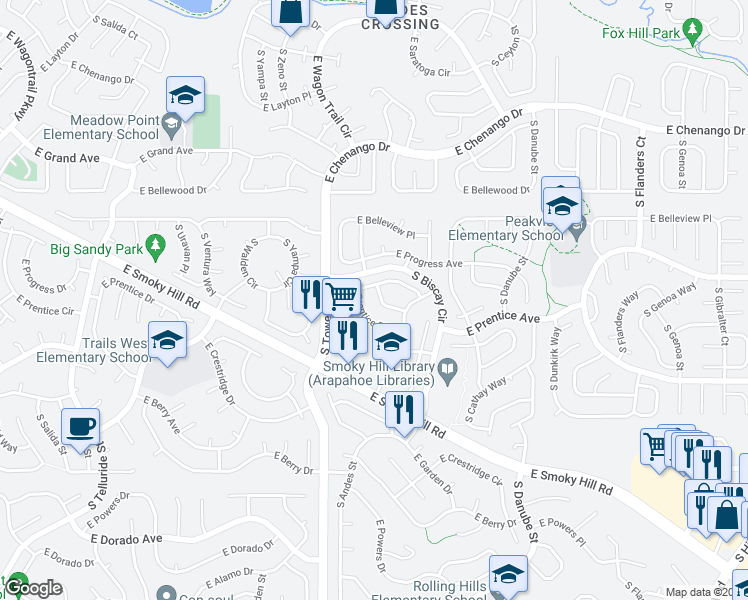 map of restaurants, bars, coffee shops, grocery stores, and more near 5237 South Bahama Circle in Centennial