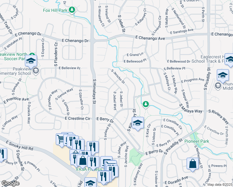 map of restaurants, bars, coffee shops, grocery stores, and more near 5246 South Jebel Way in Centennial