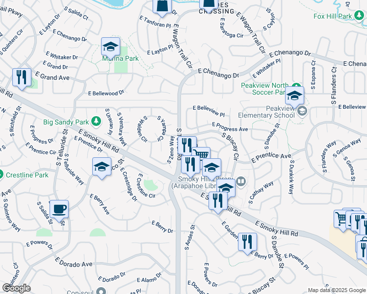 map of restaurants, bars, coffee shops, grocery stores, and more near 5246 South Andes Court in Centennial